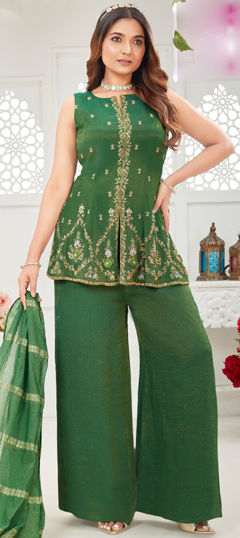 Green color Salwar Kameez in Silk fabric with Cut Dana, Embroidered, Sequence, Thread work