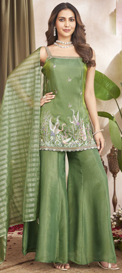 Green color Salwar Kameez in Silk fabric with Cut Dana, Embroidered, Sequence, Thread work