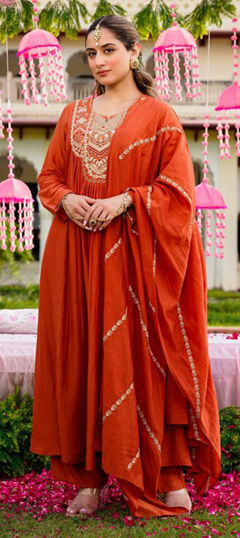 Orange color Salwar Kameez in Art Silk fabric with Floral, Printed work