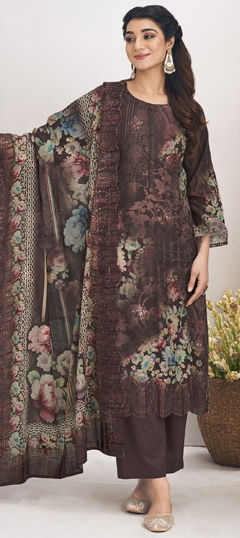 Beige and Brown color Salwar Kameez in Cotton, Lawn fabric with Digital Print, Floral, Resham, Thread work