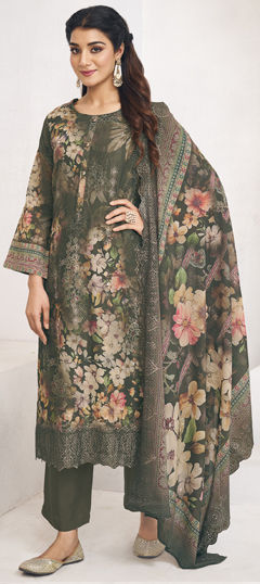 Green color Salwar Kameez in Cotton, Lawn fabric with Digital Print, Floral, Resham, Thread work