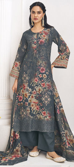 Blue color Salwar Kameez in Cotton, Lawn fabric with Digital Print, Floral, Resham, Thread work