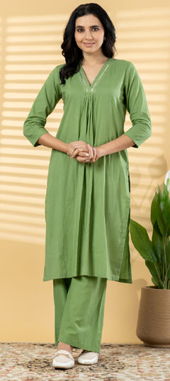 Green color Salwar Kameez in Cotton fabric with Embroidered, Mirror work