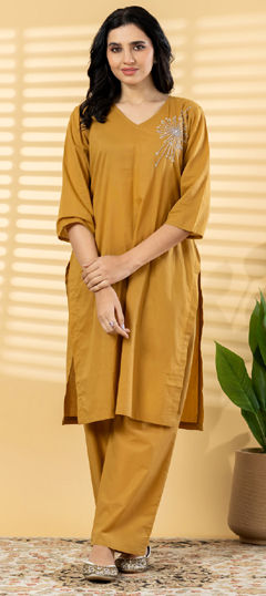 Yellow color Salwar Kameez in Cotton fabric with Bugle Beads, Cut Dana work