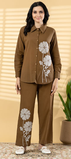 Beige and Brown color Co-ords Set in Cotton Flex fabric with Embroidered, Resham, Thread work