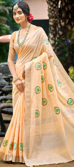 Pink and Majenta color Saree in Linen fabric with Embroidered, Weaving work
