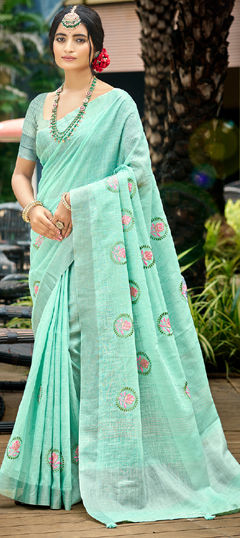 Blue color Saree in Linen fabric with Embroidered, Weaving work