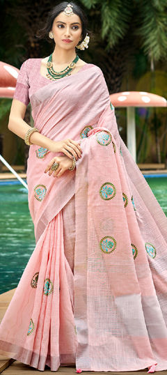 Pink and Majenta color Saree in Linen fabric with Embroidered, Weaving work