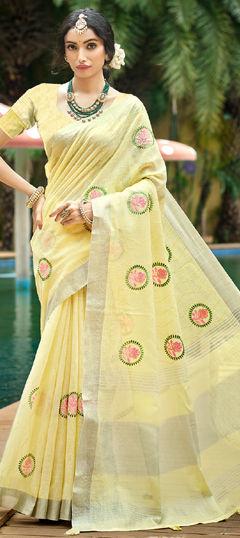 Yellow color Saree in Linen fabric with Embroidered, Weaving work
