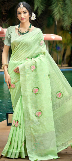 Green color Saree in Linen fabric with Embroidered, Weaving work