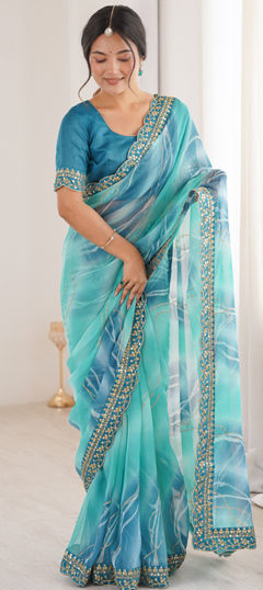 Blue color Saree in Chiffon, Georgette fabric with Foil Print, Lehariya work