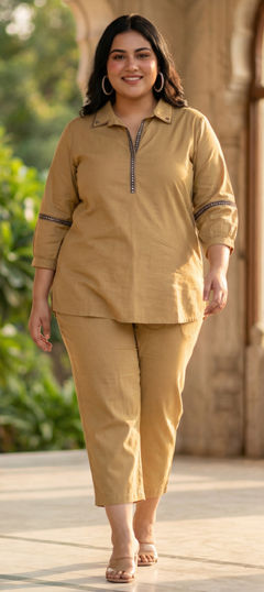 Beige and Brown color Co-ords Set in Cotton fabric with Mirror, Resham, Thread work