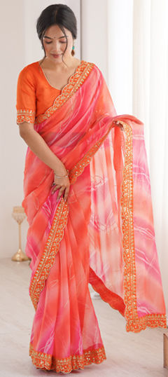 Orange color Saree in Chiffon, Georgette fabric with Foil Print, Lehariya work