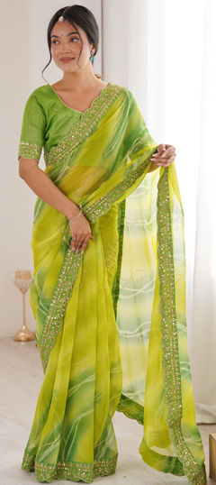Green color Saree in Chiffon, Georgette fabric with Foil Print, Lehariya work