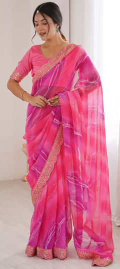 Pink and Majenta color Saree in Chiffon, Georgette fabric with Foil Print, Lehariya work