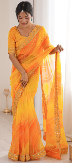 Yellow color Saree in Chiffon, Georgette fabric with Foil Print, Lehariya work