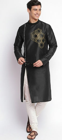 Black and Grey color Kurta Pyjamas in Dupion Silk fabric with Embroidered work