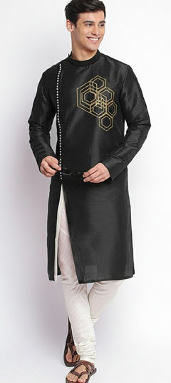 Black and Grey color Kurta Pyjamas in Dupion Silk fabric with Embroidered work