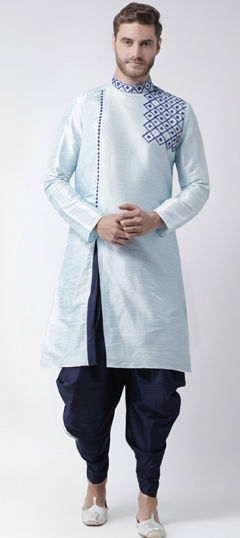 Blue color Dhoti Kurta in Dupion Silk fabric with Embroidered work