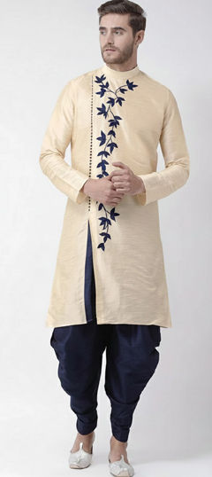 Beige and Brown color Dhoti Kurta in Dupion Silk fabric with Embroidered work
