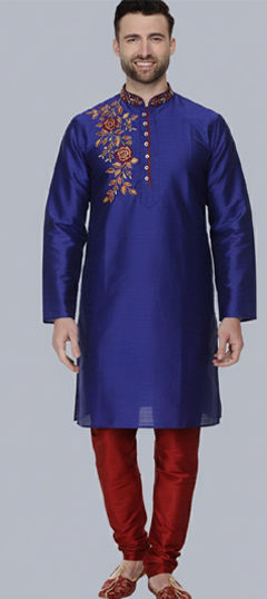 Blue color Kurta Pyjamas in Dupion Silk fabric with Embroidered work