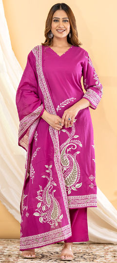 Pink and Majenta color Salwar Kameez in Cotton fabric with Printed, Sequence work