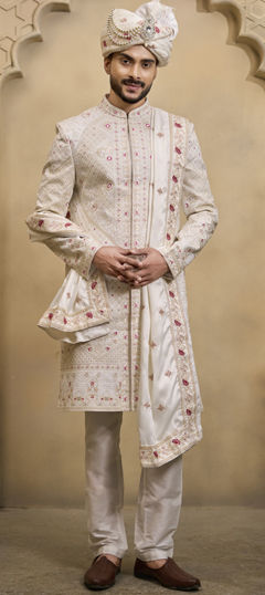 White and Off White color Sherwani in Silk fabric with Embroidered, Sequence work