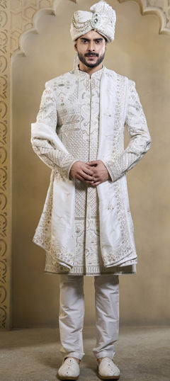 White and Off White color Sherwani in Silk fabric with Embroidered, Sequence work