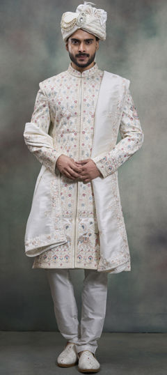 White and Off White color Sherwani in Silk fabric with Embroidered, Sequence work