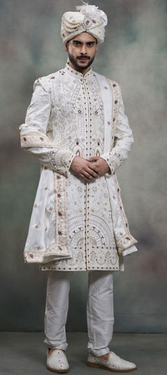 White and Off White color Sherwani in Silk fabric with Embroidered, Sequence work