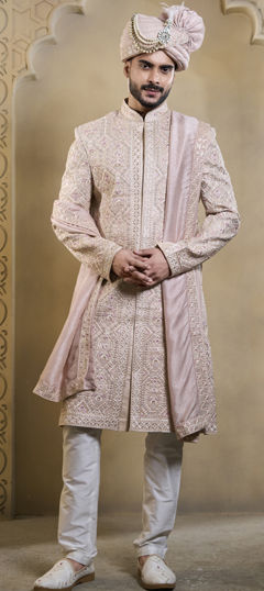 Pink and Majenta color Sherwani in Silk fabric with Embroidered, Sequence work