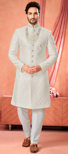 White and Off White color Sherwani in Art Silk fabric with Embroidered work