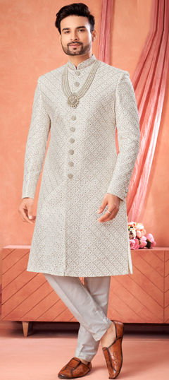 White and Off White color Sherwani in Art Silk fabric with Embroidered work