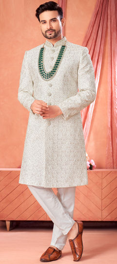 White and Off White color Sherwani in Art Silk fabric with Embroidered work