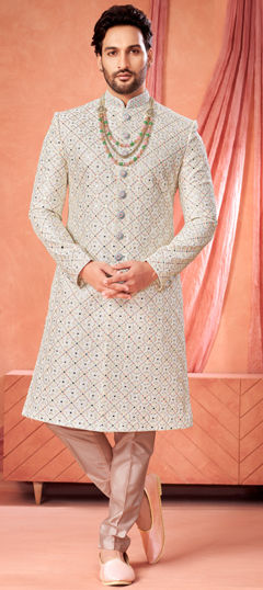 White and Off White color Sherwani in Art Silk fabric with Embroidered work