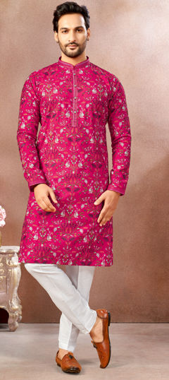 Pink and Majenta color Kurta Pyjamas in Art Silk fabric with Embroidered, Sequence work