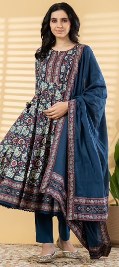 Blue color Salwar Kameez in Cotton fabric with Floral, Mirror, Printed, Sequence work