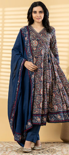 Blue color Salwar Kameez in Cotton fabric with Mirror, Printed, Sequence work