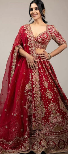 Red and Maroon color Lehenga in Satin Silk fabric with Embroidered, Sequence, Thread work