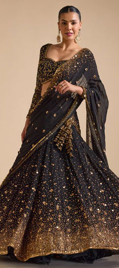 Black and Grey color Lehenga in Georgette fabric with Embroidered, Sequence, Stone, Thread work