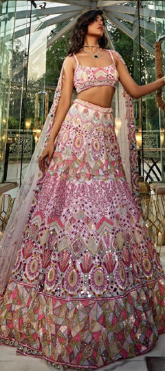 Pink and Majenta color Lehenga in Georgette fabric with Embroidered, Mirror, Sequence, Thread work