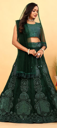 Green color Lehenga in Net fabric with Sequence, Zari work