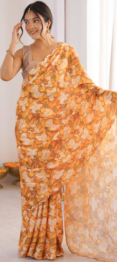 Yellow color Saree in Chinon Silk fabric with Digital Print, Floral, Mirror work