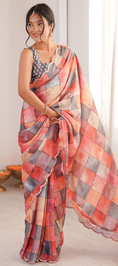 Multicolor color Saree in Chinon Silk fabric with Digital Print, Mirror work