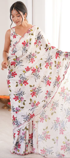White and Off White color Saree in Chinon Silk fabric with Digital Print, Floral, Mirror work