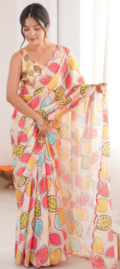 White and Off White color Saree in Chinon Silk fabric with Digital Print, Mirror work