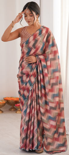 Multicolor color Saree in Chinon Silk fabric with Digital Print, Mirror work