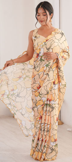 Pink and Majenta color Saree in Chinon Silk fabric with Digital Print, Mirror work