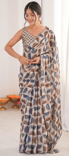 Black and Grey color Saree in Chinon Silk fabric with Digital Print, Mirror work