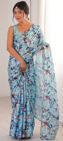 Blue color Saree in Chinon Silk fabric with Digital Print, Mirror work